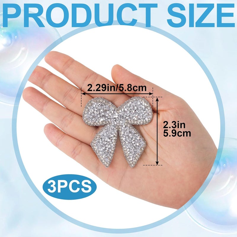 SmallCat 3 Pcs Bow Rhinestone Patches, Glitter Bowknot Applique, Self-Adhesive Repair Bow Clothing Patches for Jackets Hats Bags Jeans Shoes - Silver - Image 3